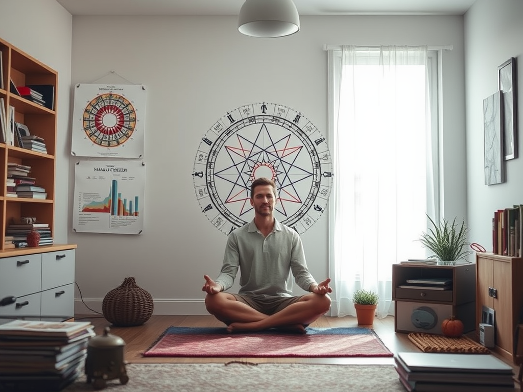 Een rustige werkruimte met een mediterende persoon en kleurrijke diagrammen.