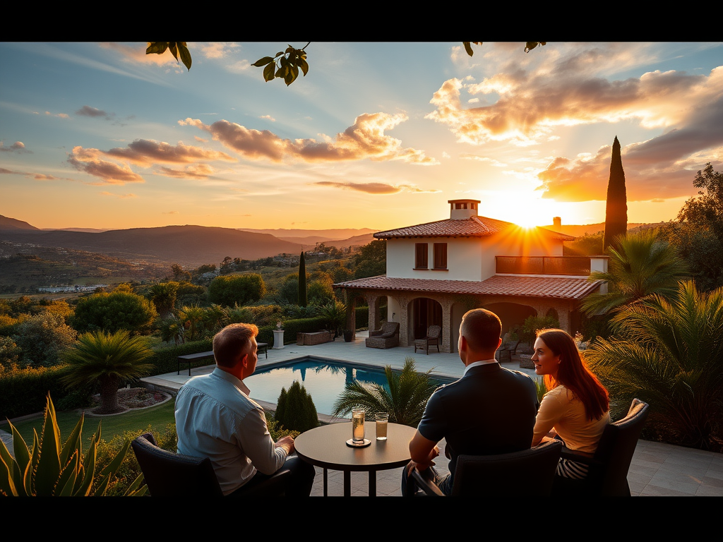 Een luxe villa met ondernemers tijdens zonsondergang.