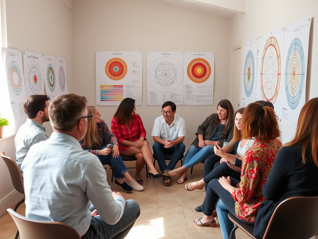 Een workshop met diverse deelnemers in gesprek, kleurrijke charts.