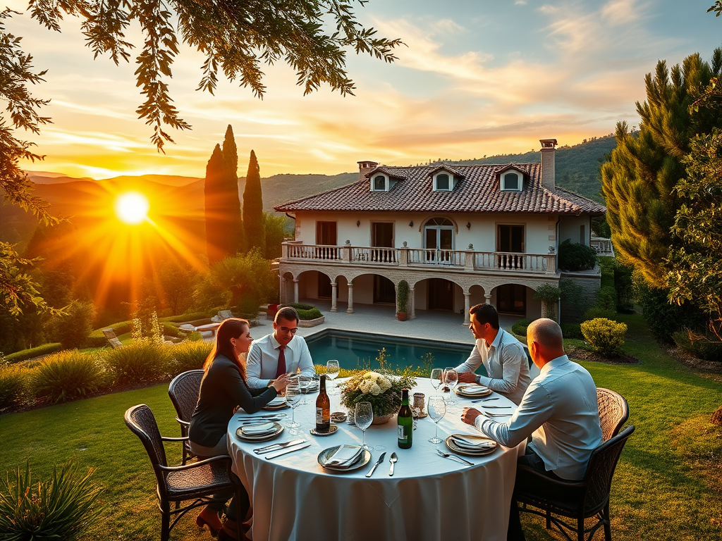 Een luxe villa met ondernemers aan tafel tijdens zonsondergang.