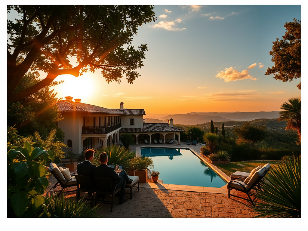 Een luxe villa met ondernemers bij zonsondergang.