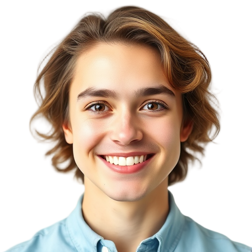 Een persoon met een glimlach tegen een witte achtergrond.