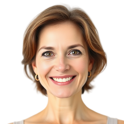 Een glimlachende vrouw voor een witte achtergrond.