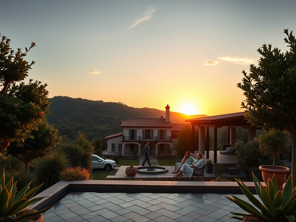 Een luxe villa met een zonsondergang in Spanje.