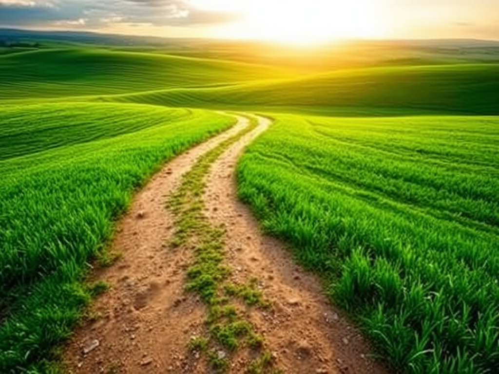 Een kronkelige pad door groene velden naar de horizon.