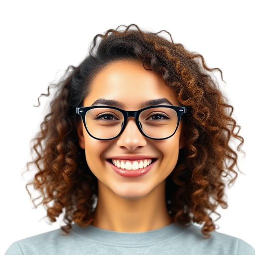 Een persoon met een glimlach voor een witte achtergrond.