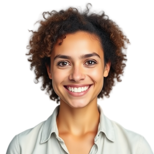 Een persoon die glimlacht tegen een witte achtergrond.