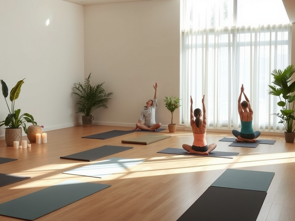 Een serene yogastudio met zacht natuurlijk licht en yoga houdingen.