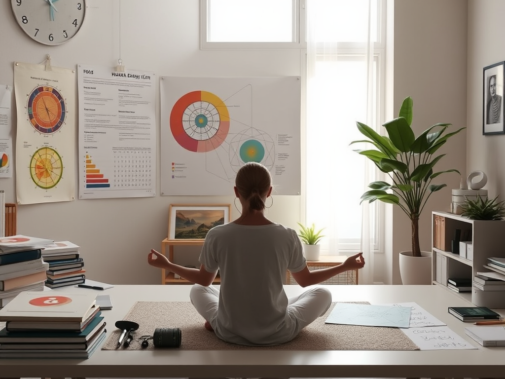 Een rustige werkplek met een mediterende persoon en kleurrijke diagrammen.