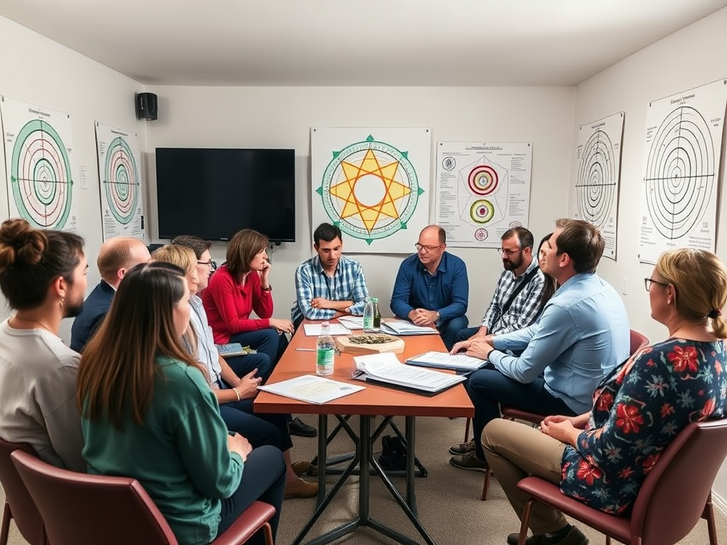 Een workshop met diverse deelnemers in discussie, kleurrijke diagrammen aan de muur.