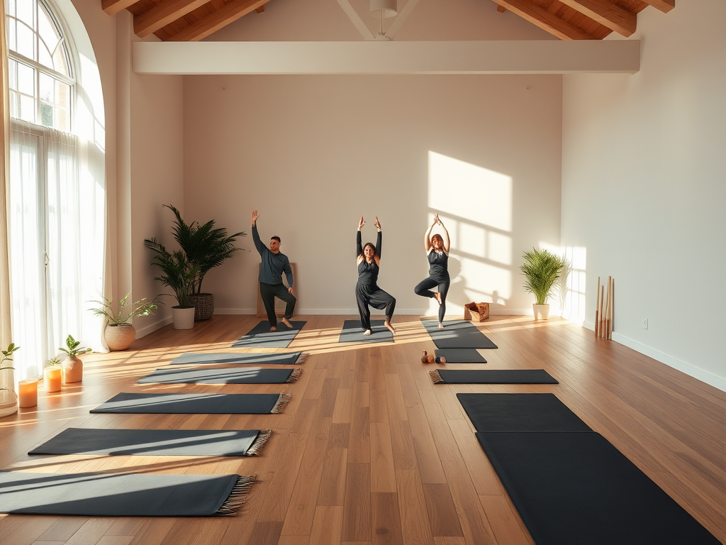 Een serene yogastudio met deelnemers in verschillende poses.