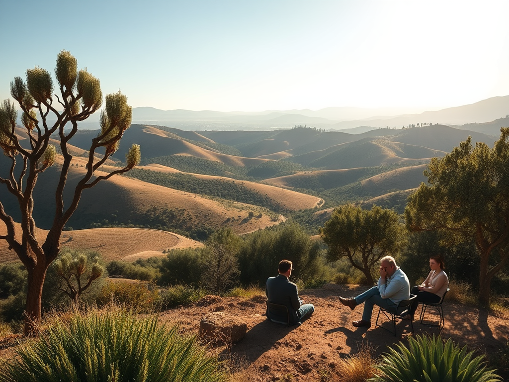 Rustig Spaans landschap met ondernemers in gesprek.