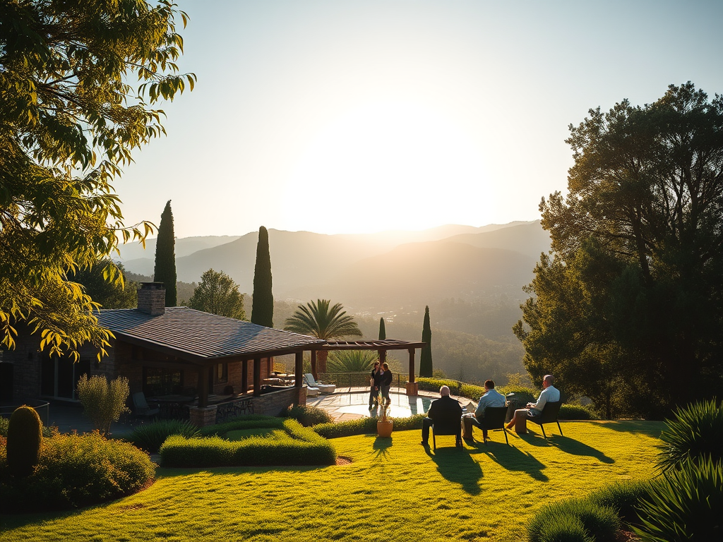Een serene Spaanse landschap met ondernemers in gesprek.