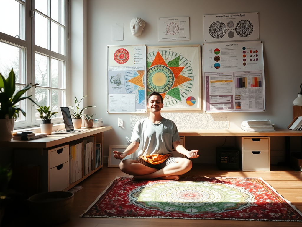 Een rustige werkruimte met een mediterende persoon en kleurrijke diagrammen.