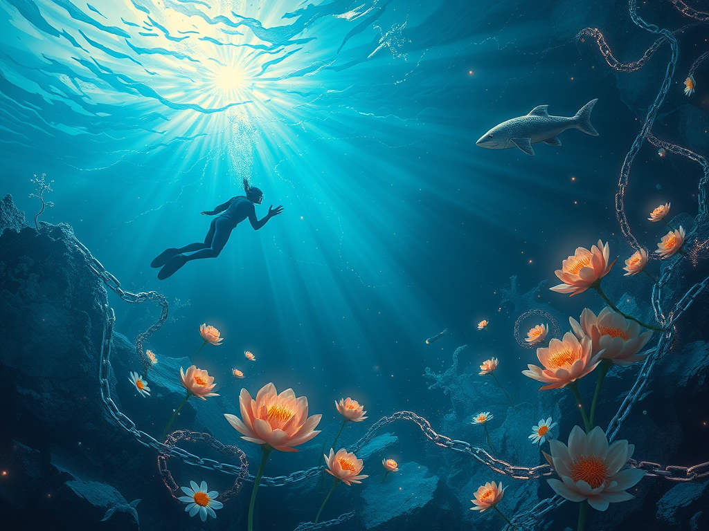 "a deep ocean dive" "mysterious glowing birth scene" "ethereal patterns symbolizing strength and barriers" "journey through abstract landscapes of safety, control, trust" "transformation with blooming flowers and breaking chains" "radiant light representi