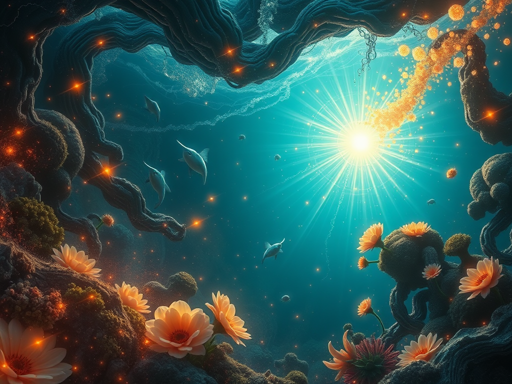 "a deep ocean dive" "mysterious glowing birth scene" "ethereal patterns symbolizing strength and barriers" "journey through abstract landscapes of safety, control, trust" "transformation with blooming flowers and breaking chains" "radiant light representi