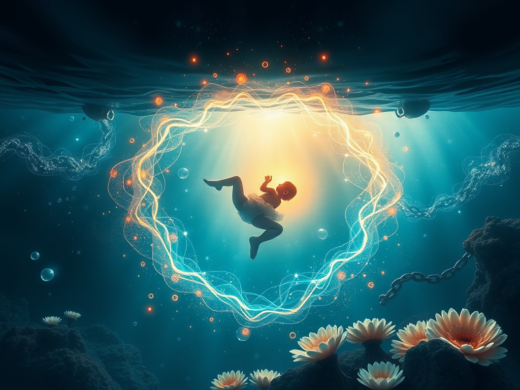 "a deep ocean dive" "mysterious glowing birth scene" "ethereal patterns symbolizing strength and barriers" "journey through abstract landscapes of safety, control, trust" "transformation with blooming flowers and breaking chains" "radiant light representi