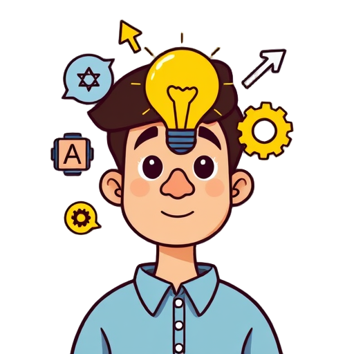 "thoughtful person" "pattern symbols" "light bulb" "growth arrow" "brain gears"