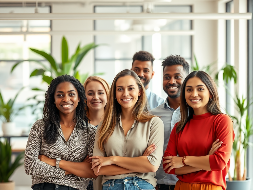 "a diverse group of confident entrepreneurs" "bright, warm lighting" "modern office space with plants" "expressions of insight and growth" "calm and creative atmosphere"