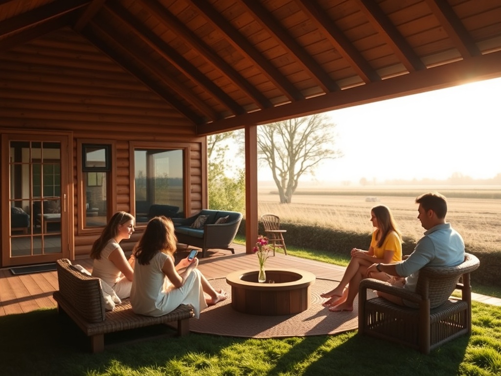 "A serene, sunlit retreat lodge by a tranquil Dutch landscape, four families seated in a circle, soft outdoor light, guided conversations, warm gestures, gentle movement, harmonious atmosphere."