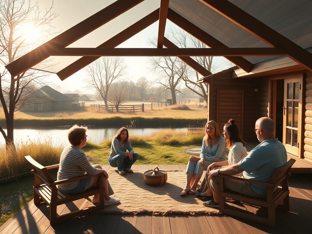 "A serene, sunlit retreat lodge by a tranquil Dutch landscape, four families seated in a circle, soft outdoor light, guided conversations, warm gestures, gentle movement, harmonious atmosphere."