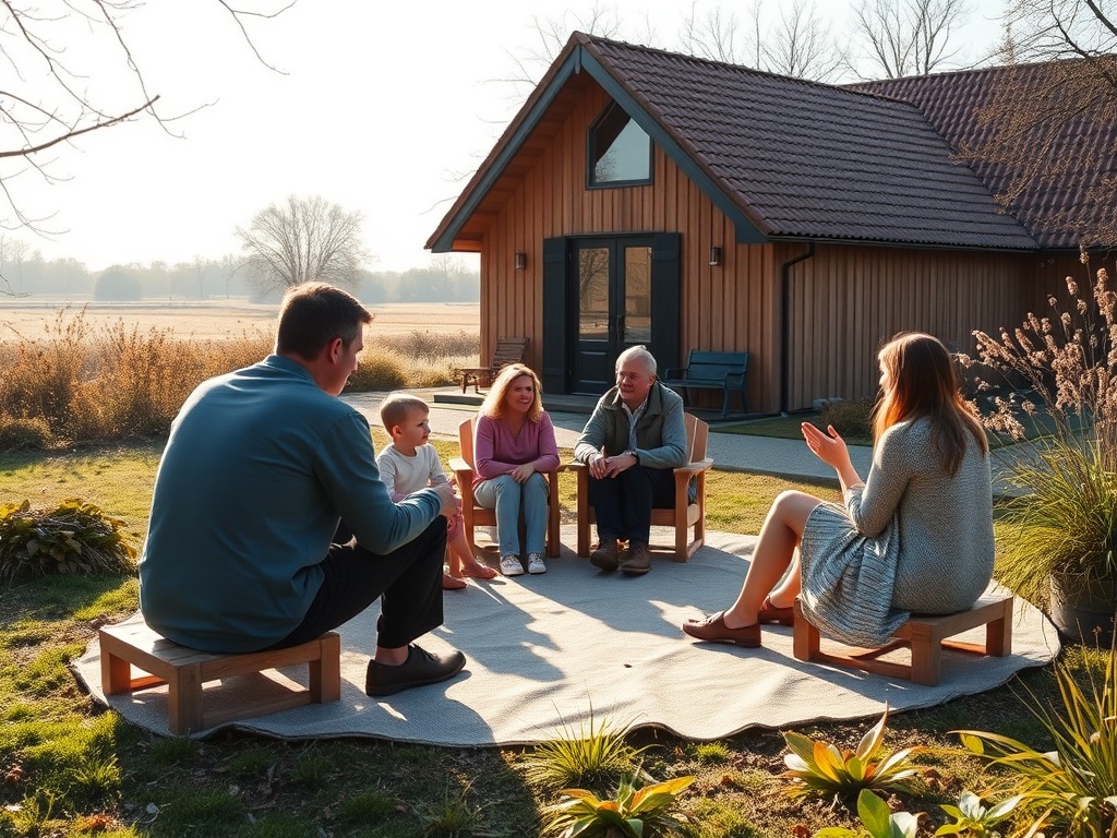 "A serene, sunlit retreat lodge by a tranquil Dutch landscape, four families seated in a circle, soft outdoor light, guided conversations, warm gestures, gentle movement, harmonious atmosphere."