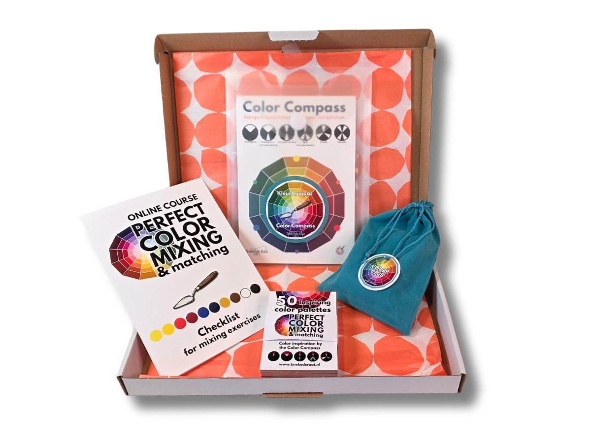 Acrylic paint color mixing course package with Color Compass, 50 color combinations set and mixing exercises checklist