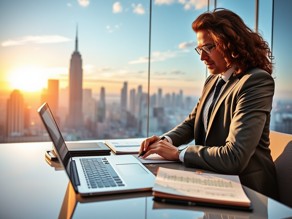 A dynamic business workspace, "confident entrepreneur" focused, "bright city skyline" at dawn, "laptop and notes" open with strategic plans, "calm yet energized atmosphere".