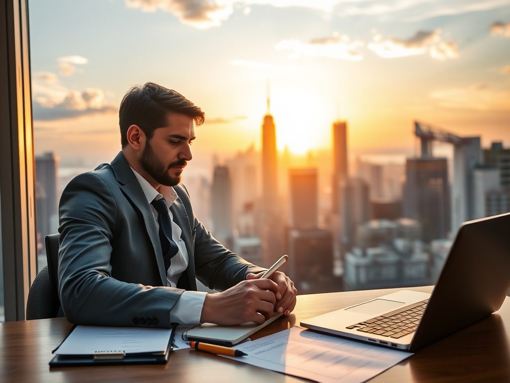 A dynamic business workspace, "confident entrepreneur" focused, "bright city skyline" at dawn, "laptop and notes" open with strategic plans, "calm yet energized atmosphere".