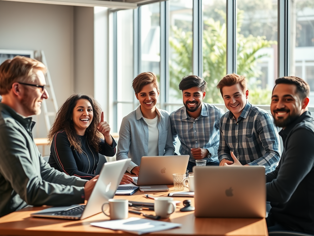 "a diverse group of confident entrepreneurs" "engaged in lively discussion" "bright modern workspace" "laptops, notebooks, coffee cups" "sunlight streaming through large windows" "motivational atmosphere"