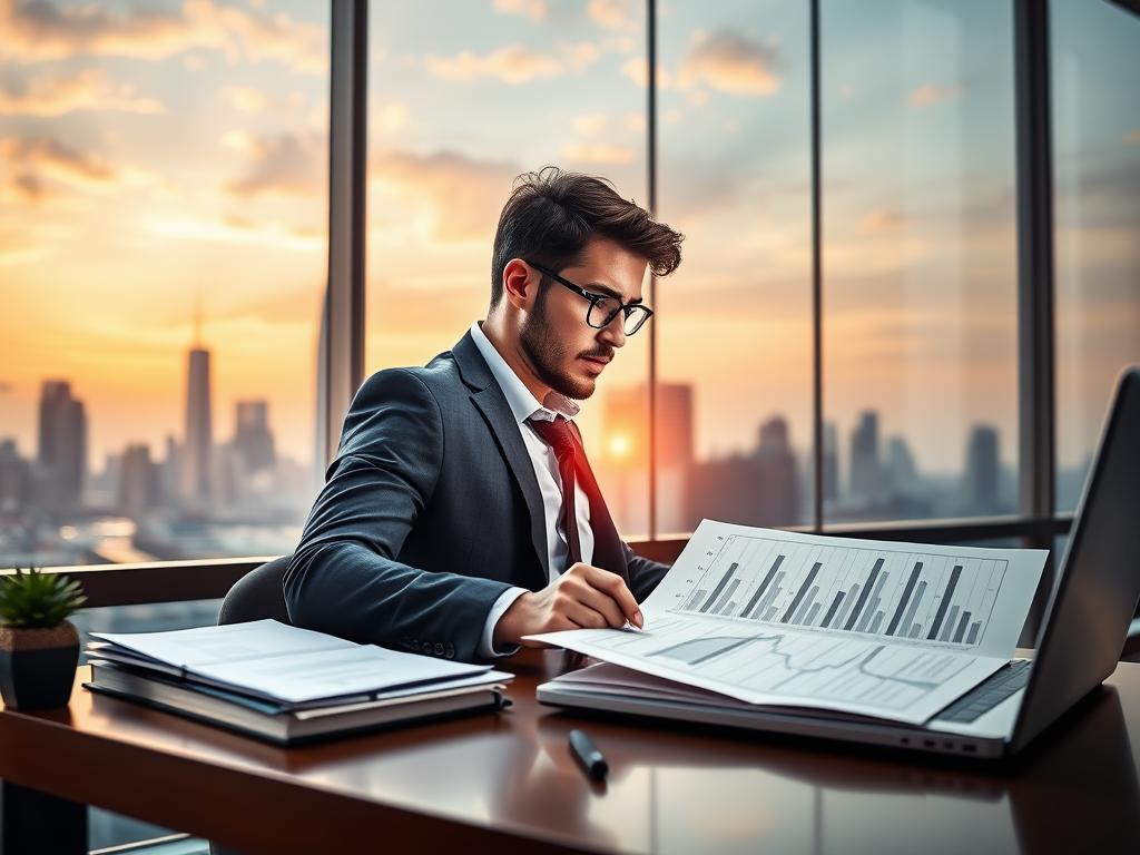 A dynamic business workspace, "confident entrepreneur" focused, "bright city skyline" at dawn, "laptop and notes" open with strategic plans, "calm yet energized atmosphere".