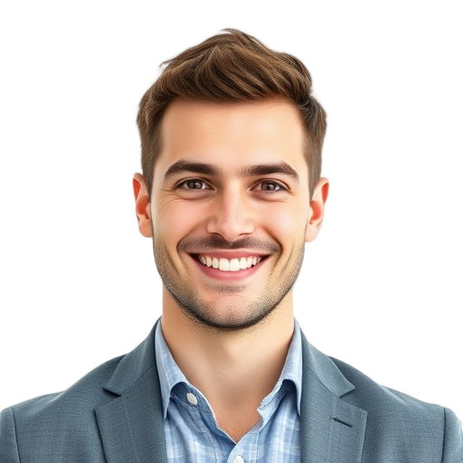 A person smiling to the camera with a white background looking like