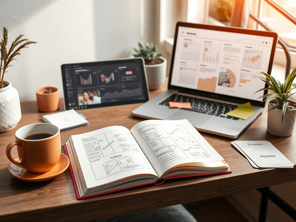 "clean modern workspace" "open notebook with business canvas sketch" "coffee cup" "laptop displaying roadmap chart" "sticky notes and templates" "warm natural light" "minimalist Scandinavian decor"