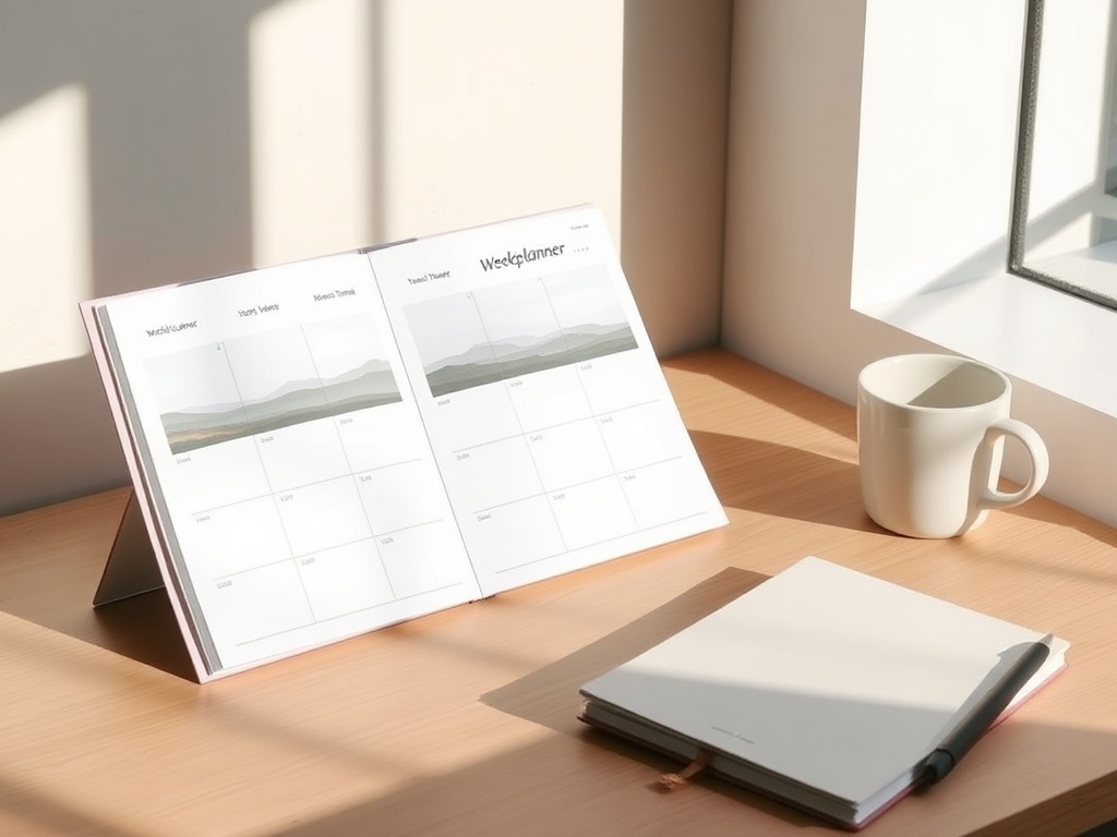 "A serene desk scene with a minimalist weekplanner open, showing clean landscapes, subtle shadows, warm light, a cup, and a notebook, no branding."