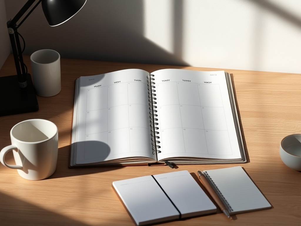 "A serene desk scene with a minimalist weekplanner open, showing clean landscapes, subtle shadows, warm light, a cup, and a notebook, no branding."