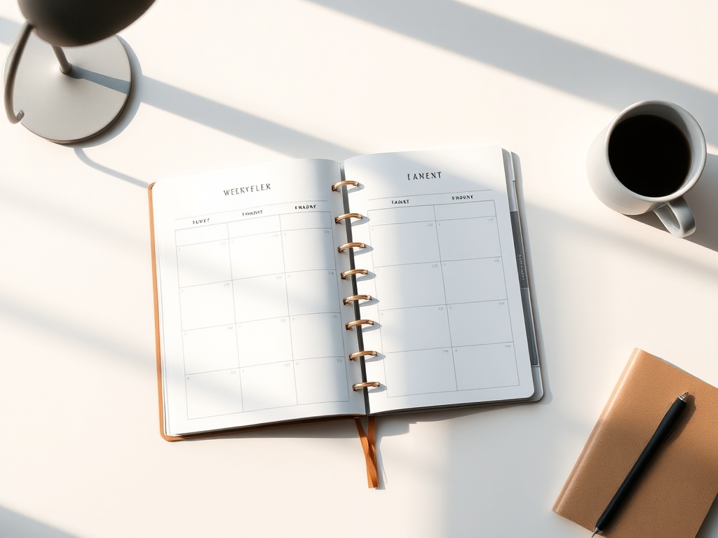 "A serene desk scene with a minimalist weekplanner open, showing clean landscapes, subtle shadows, warm light, a cup, and a notebook, no branding."