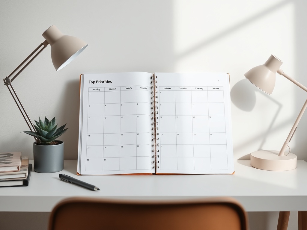 "A calm, minimalist workspace with a sleek A-typische weekplanner open to the top-priorities section, portrait and landscape versions visible, soft lighting, focused freelancer vibes."