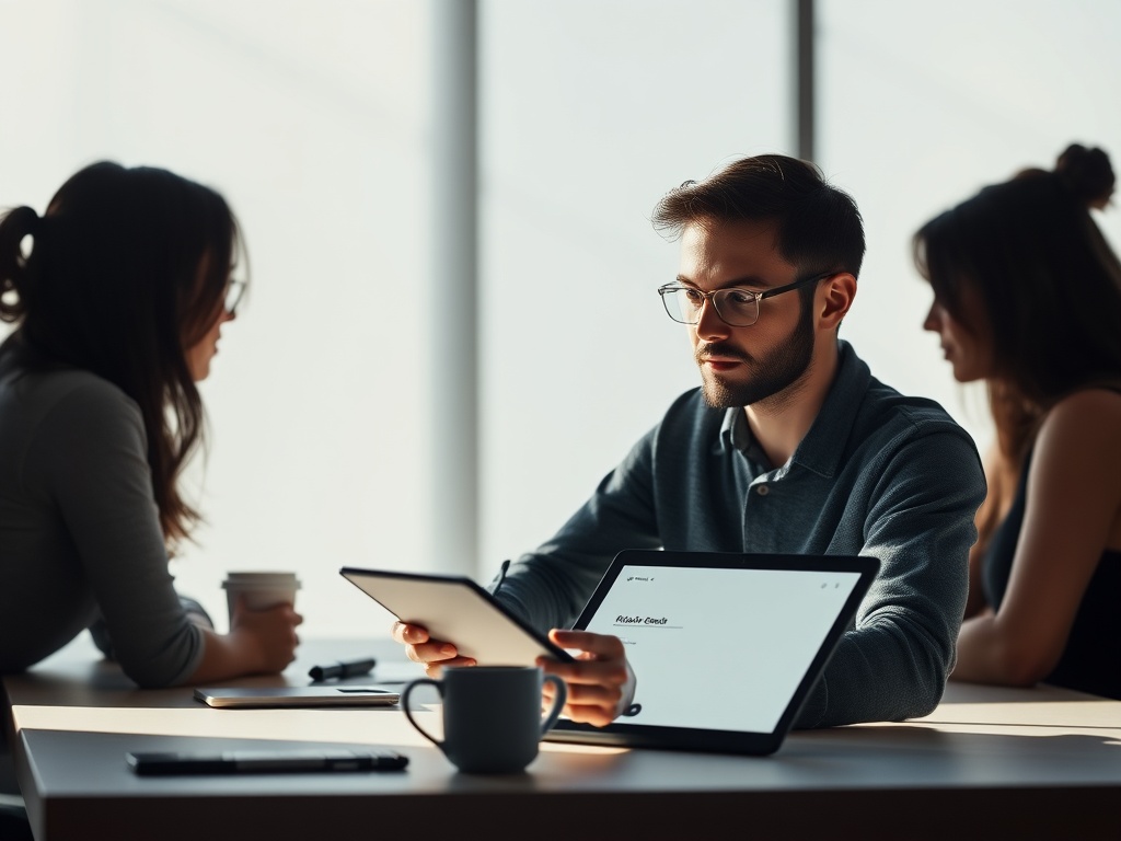"A calm, modern workspace showing a freelancer reviewing a marked canvas on a tablet, with bright light, soft shadows, and a coffee mug, colleagues’ silhouettes in the background."