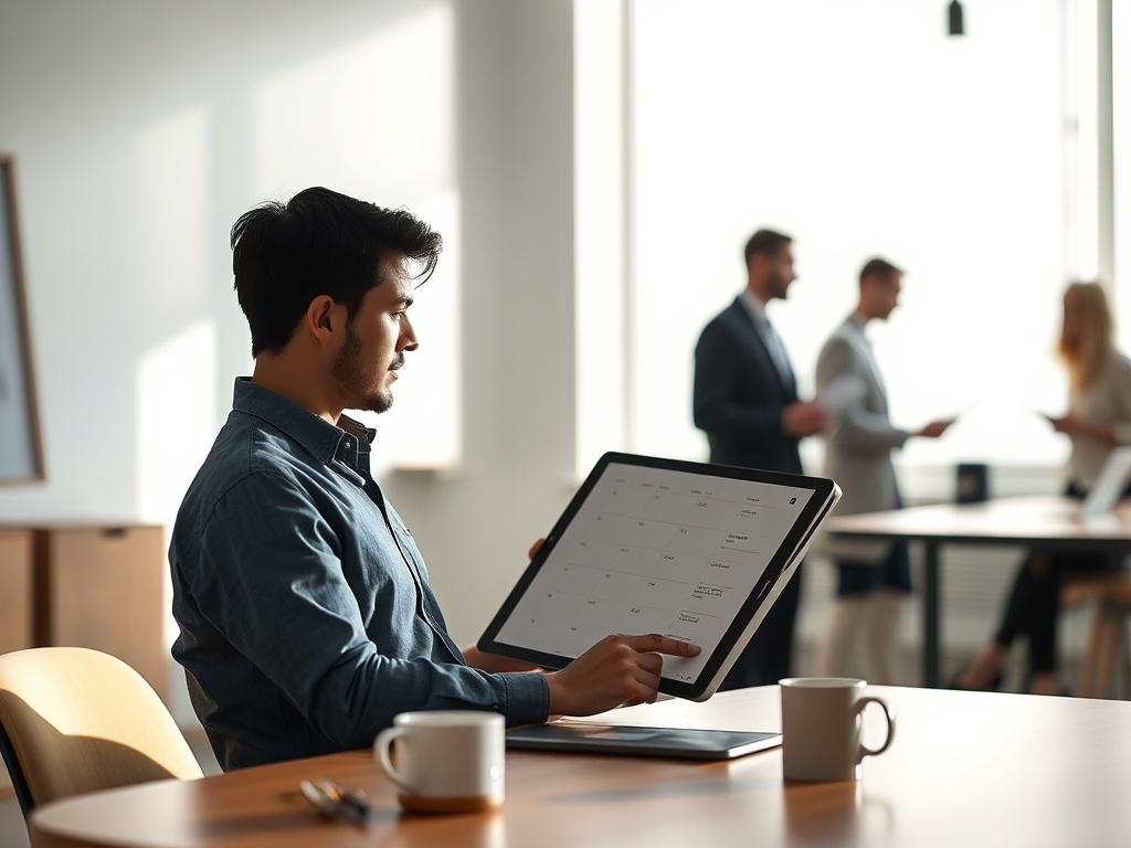 "A calm, modern workspace showing a freelancer reviewing a marked canvas on a tablet, with bright light, soft shadows, and a coffee mug, colleagues’ silhouettes in the background."
