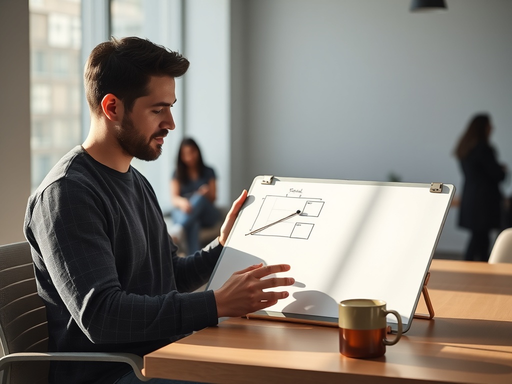 "A calm, modern workspace showing a freelancer reviewing a marked canvas on a tablet, with bright light, soft shadows, and a coffee mug, colleagues’ silhouettes in the background."