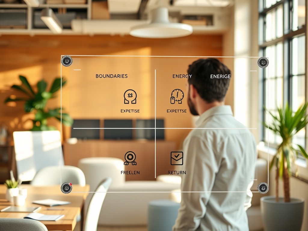 A focused freelancer in a sunlit co-working space, outlining a four-column canvas on a transparent board, with clean icons representing boundaries, energy, expertise, and return, surrounded by client meeting notes and a calm, decisive atmosphere.