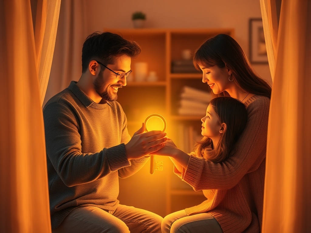 A warm family scene around a glowing golden key, surrounded by soft light, cozy home setting, peaceful expressions, gentle hand-holding, calm and loving atmosphere.