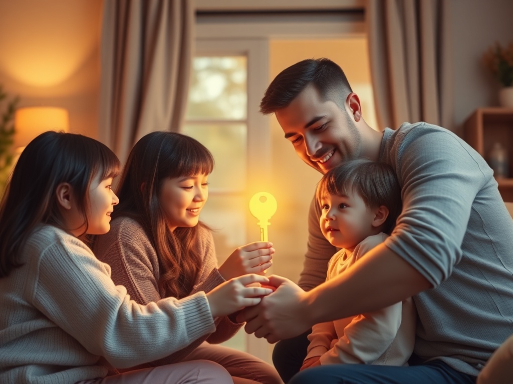 A warm family scene around a glowing golden key, surrounded by soft light, cozy home setting, peaceful expressions, gentle hand-holding, calm and loving atmosphere.