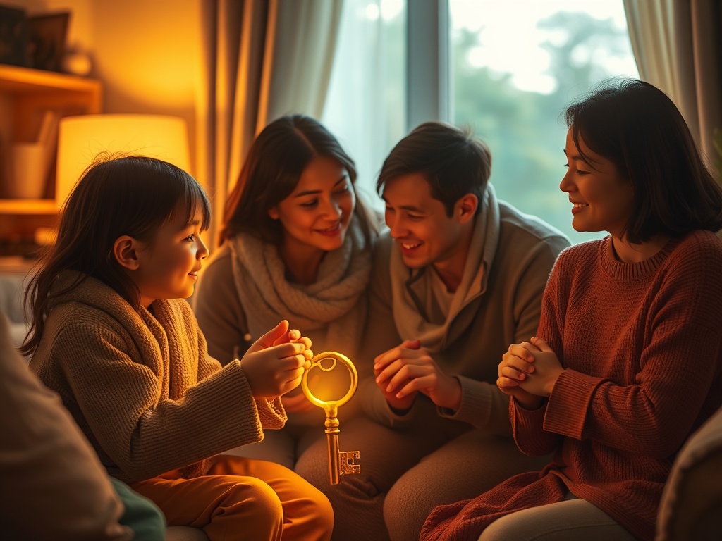 A warm family scene around a glowing golden key, surrounded by soft light, cozy home setting, peaceful expressions, gentle hand-holding, calm and loving atmosphere.