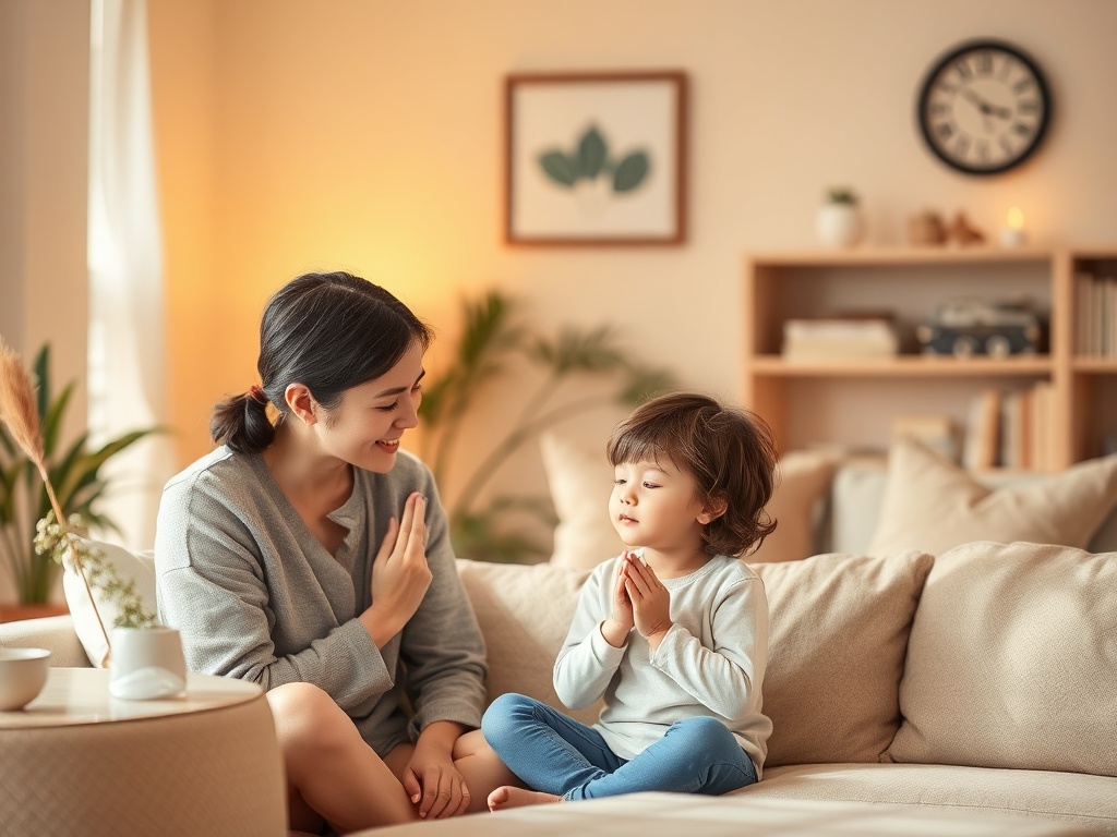 "A warm, cozy living room scene with a calm parent guiding a child through breathing, soft colors, gentle lighting, and comforting gestures, illustrating emotional regulation and safety."