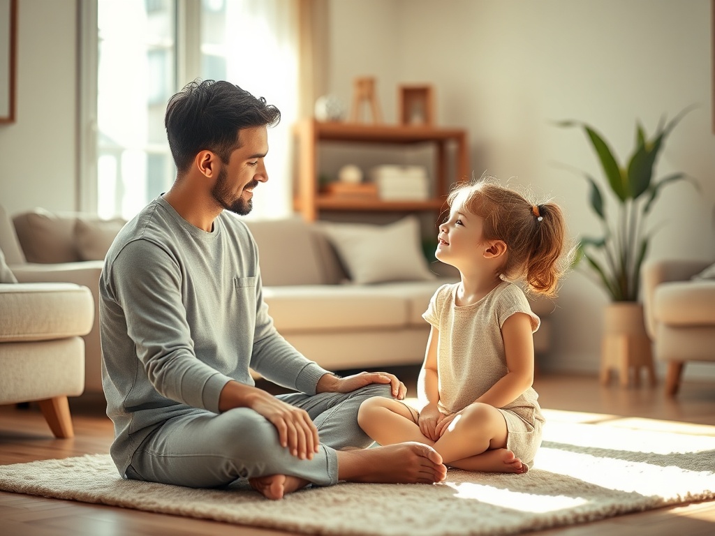 A warm, sunlit living room where a parent and child (ages 5-12) sit cross-legged on a soft rug, exchanging a calm, knowing gaze; gentle, comforting surroundings, subtle brainwave-inspired motifs in the background.