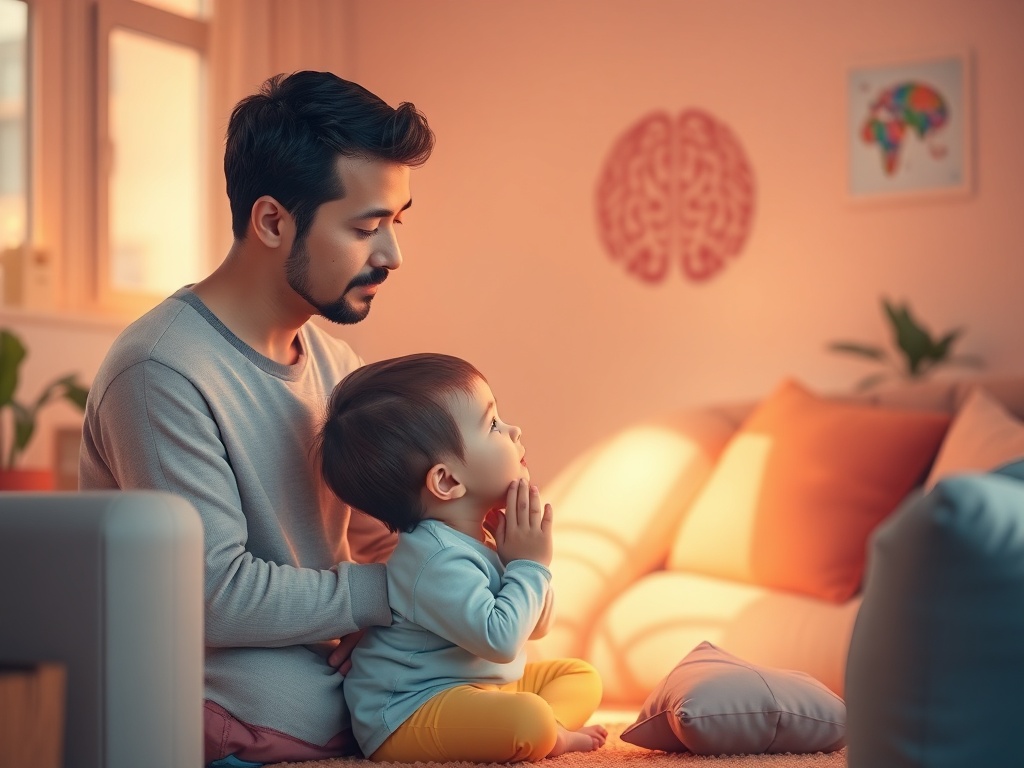 "A warm, cozy living room scene with a parent calmly guiding a child through breathing, soft colors, gentle light, and a subtle brain-inspired motif in the background."