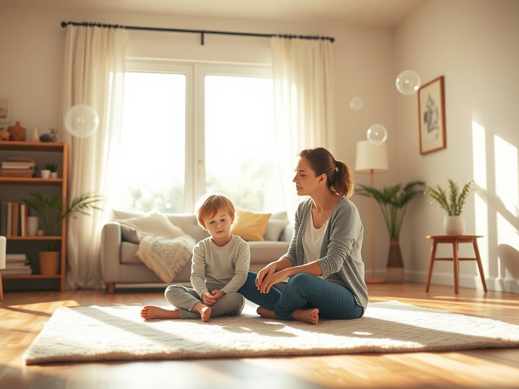A warm, sunlit living room where a calm parent sits with a child (ages 5-12) on a soft rug, gentle breathing cues floating like soft light orbs.