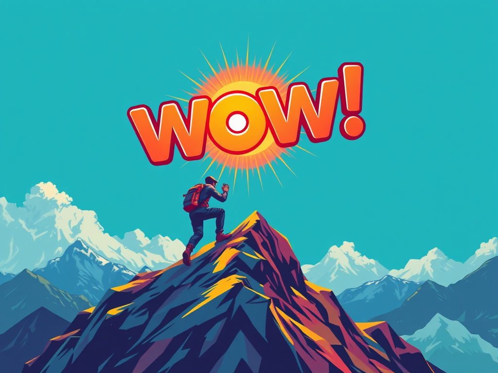 Persoon beklimt berg met een "wow!"-symbool en heldere kleuren.