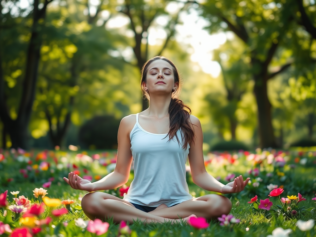 Een vrouw mediteert in een bloemrijk park.